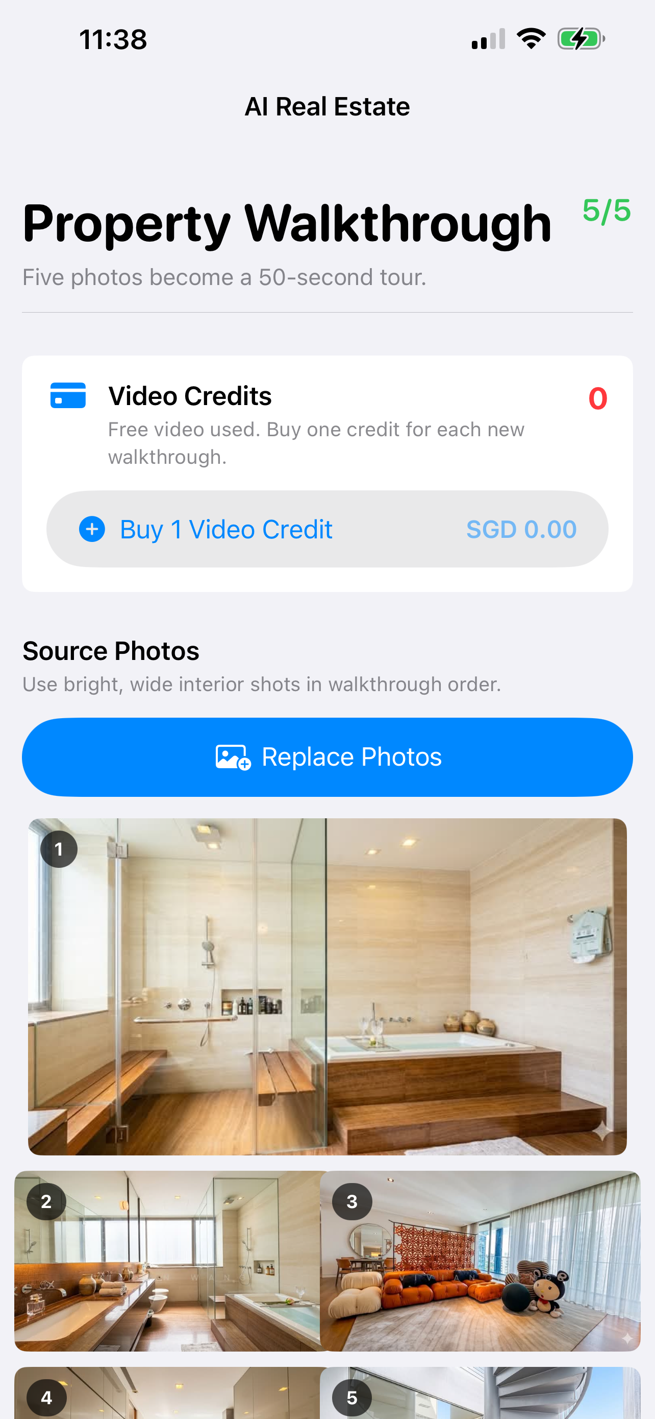 AI Real Estate source photos screen with five property photos