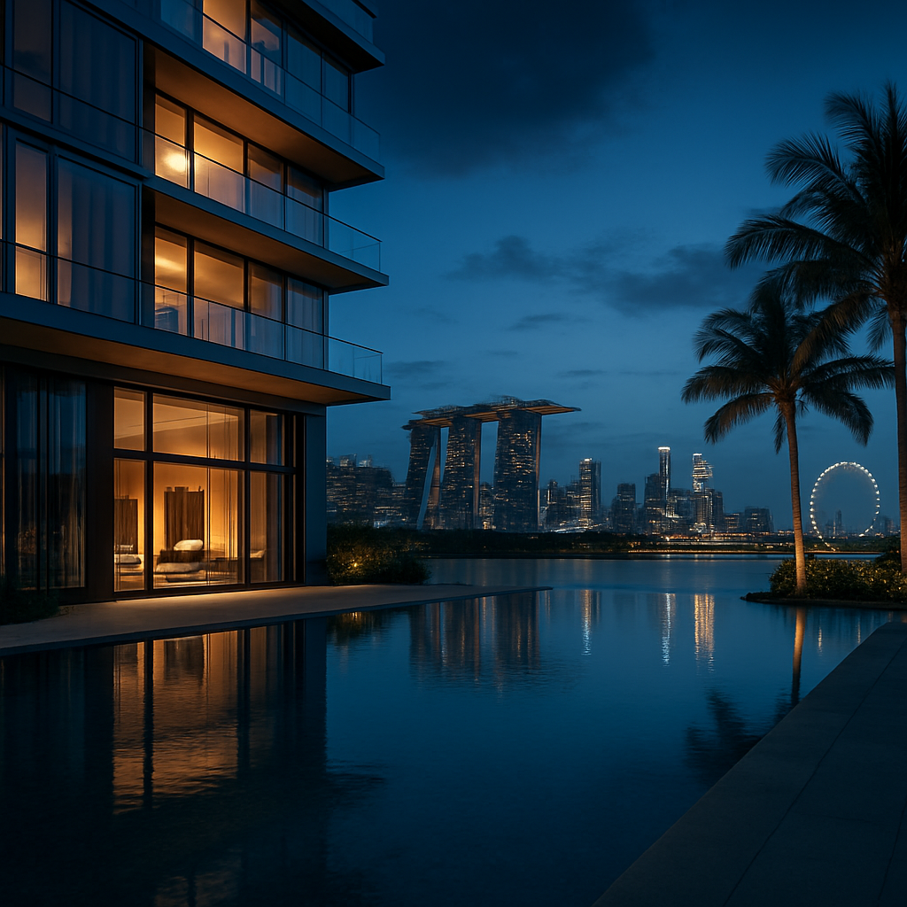 Cinematic twilight view of a luxury Singapore condominium with infinity pool and Marina Bay skyline