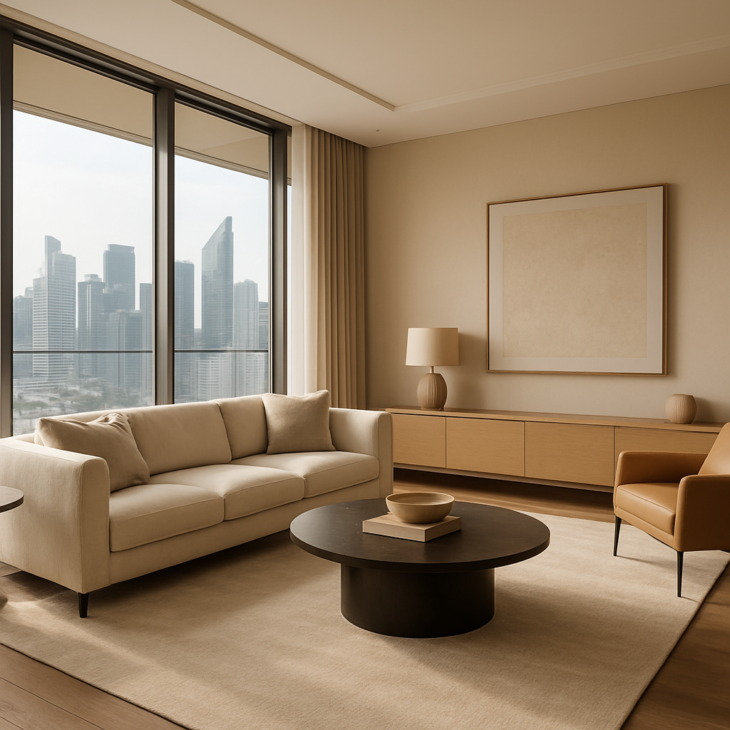 Modern living room interior of a high-end Singapore apartment with skyline views